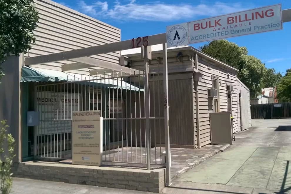 The entrance to Chapel Street Medical Centre at 125 Chapel Street, St Kilda, with signage reading Accredited General Practice.